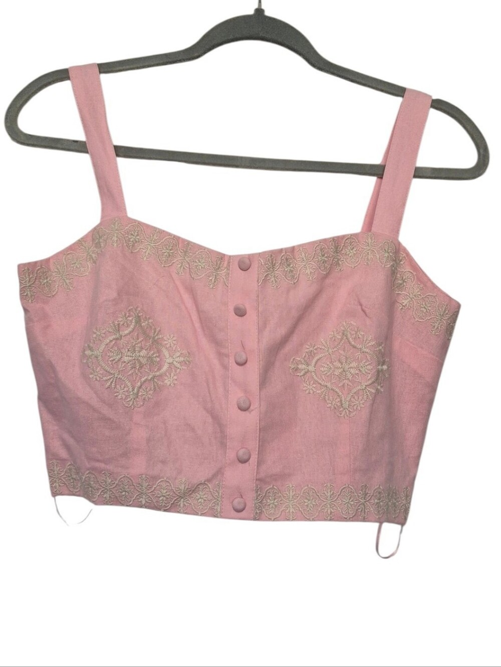 A Loves A Pink Embroidered Crop Top Corset Smocked Button Front Size M NWT